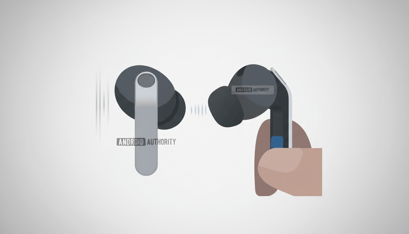 A pair of wireless earbuds, one held by a hand, with sound waves emanating from them.