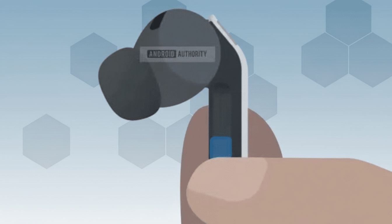 A hand holding a black earbud with a professional flat design background featuring soft hexagonal patterns.