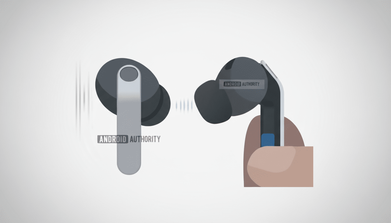 A pair of wireless earbuds, one held by a hand, with sound waves emanating from both, set against a professional flat design background with soft gradients.