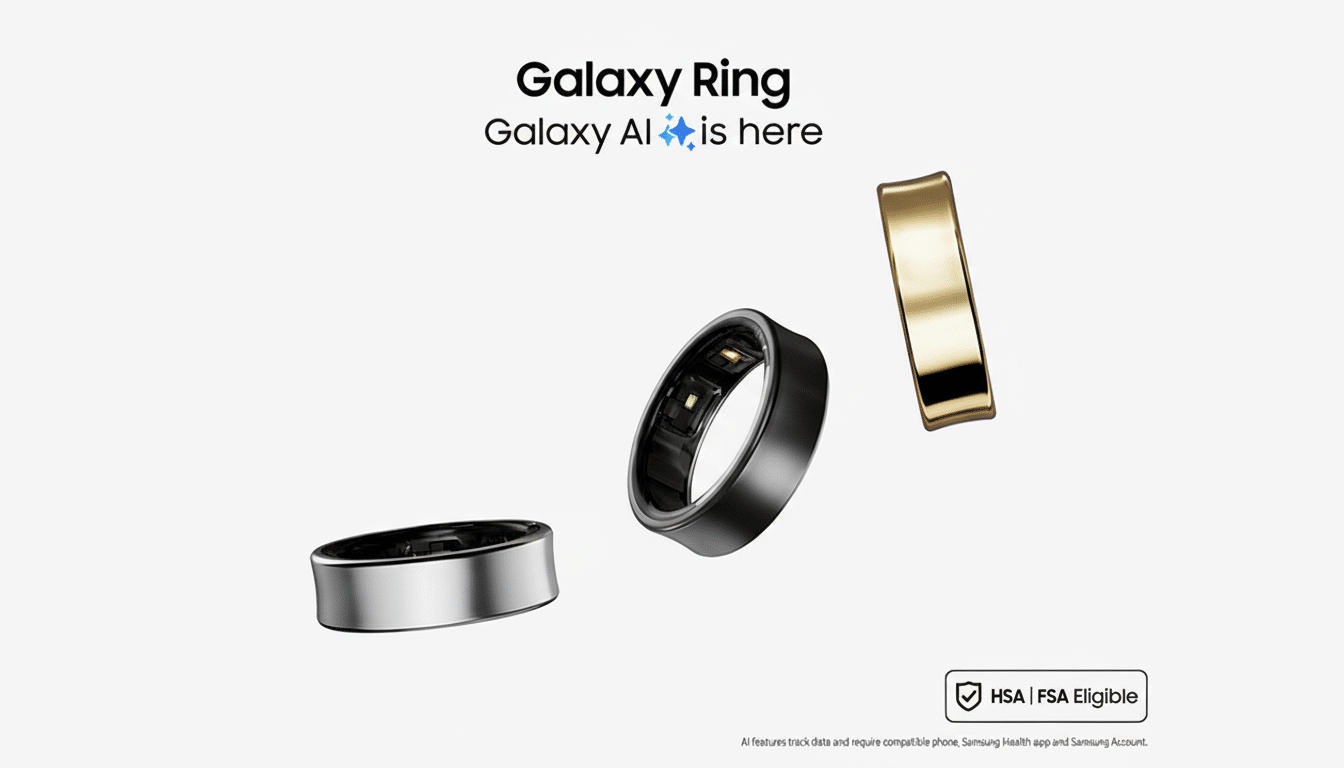 A 16:9 aspect ratio image featuring three Galaxy Rings in silver, black, and gold, with the text Galaxy Ring Galaxy AI is here and HSA | FSA Eligible on a clean white background.