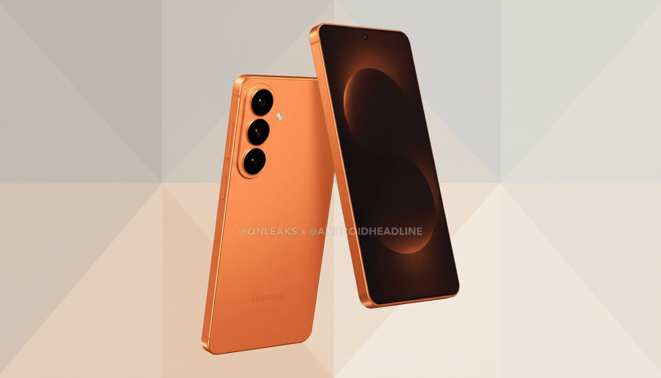 A professional image of two orange Samsung smartphones, one facing forward and one facing backward, set against a subtle geometric gradient background.