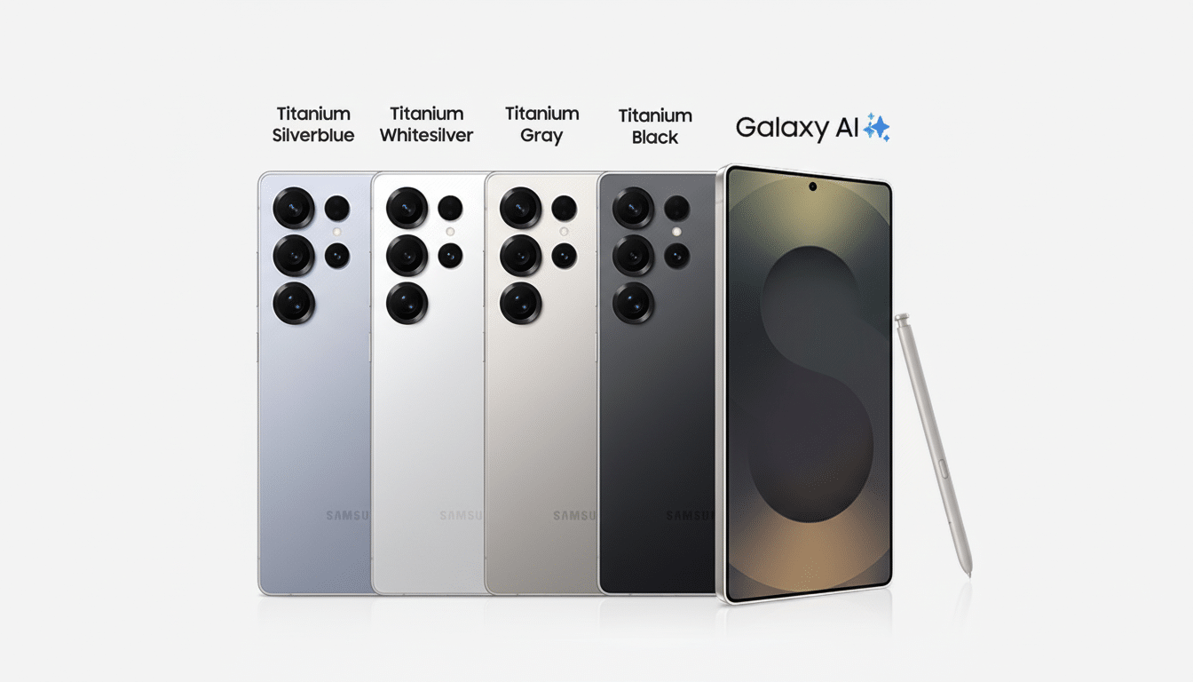 A professional image showcasing five Samsung Galaxy S24 Ultra phones in Titanium Silverblue, Titanium Whitesilver, Titanium Gray, and Titanium Black, alongside a single phone displaying its screen and an S Pen, all presented on a clean, light gray background with the Galaxy AI logo.
