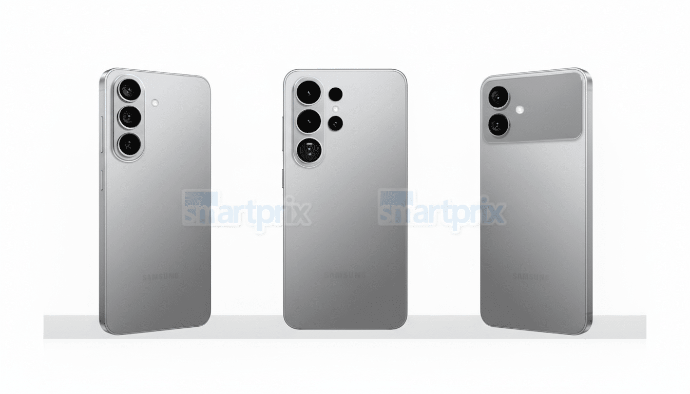 Three views of a silver Samsung smartphone, showcasing its back with a triple camera setup, presented on a clean white background.