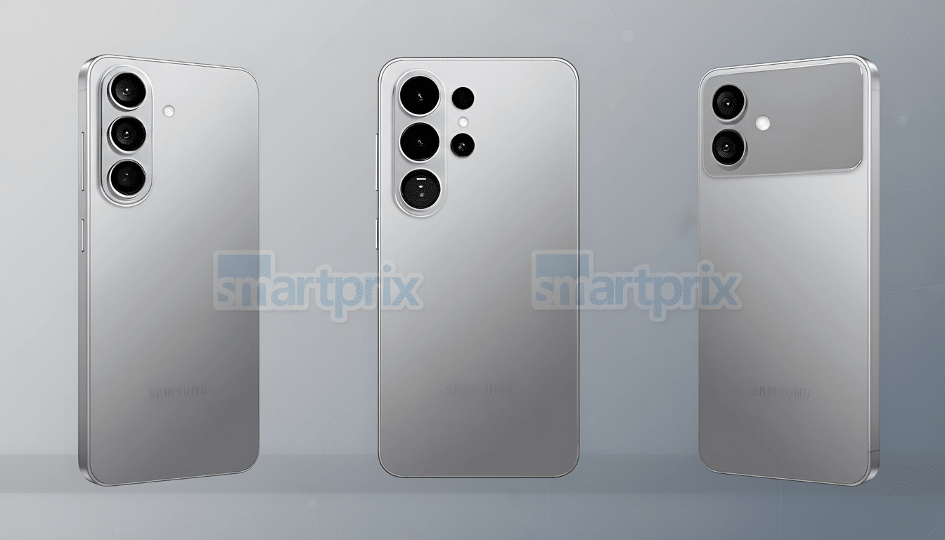 Three silver Samsung smartphones are displayed against a professional flat design background with soft patterns and gradients.