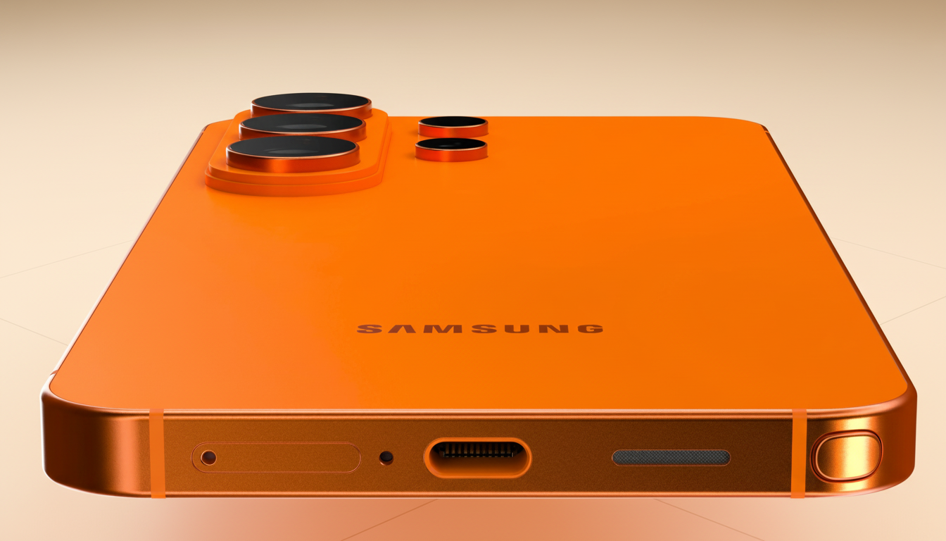 A professional, enhanced image of an orange Samsung smartphone, resized to a 16:9 aspect ratio, with a soft gradient background.
