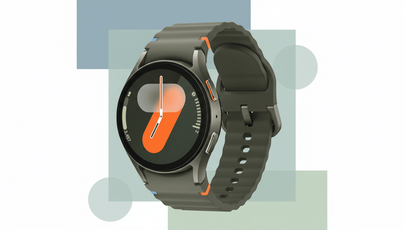 A professional image of a dark green smartwatch with an orange accent on the watch face, presented on a clean background with soft, geometric patterns in muted blue and green tones.