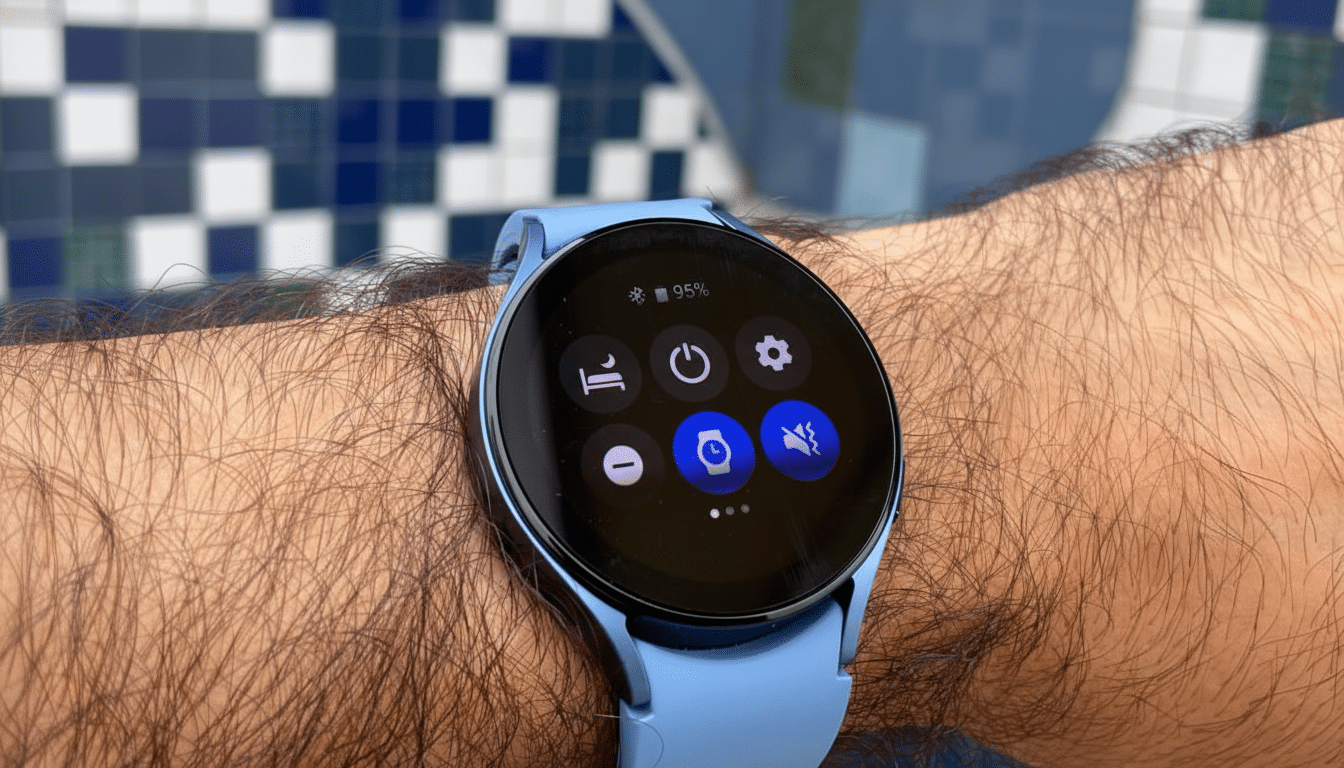 A close-up shot of a persons arm wearing a light blue smartwatch, displaying various settings icons on its screen.