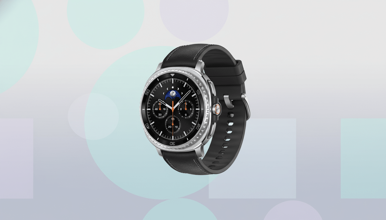 A professional image of a smartwatch with a black strap and a silver casing, presented on a soft, patterned background with light blue and purple gradients.