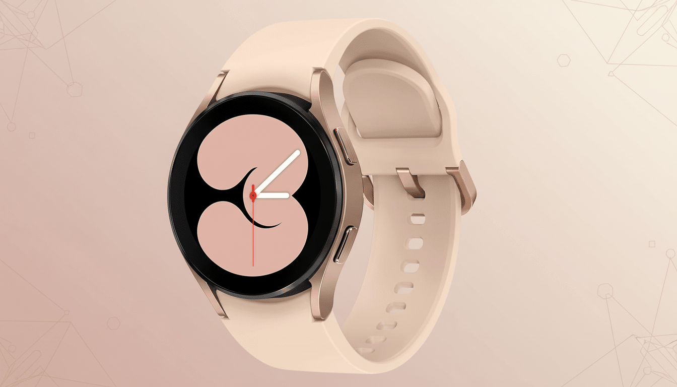 A Samsung Galaxy Watch 4 with a rose gold case and a light pink band, displayed on a professional flat design background with soft patterns and gradients.