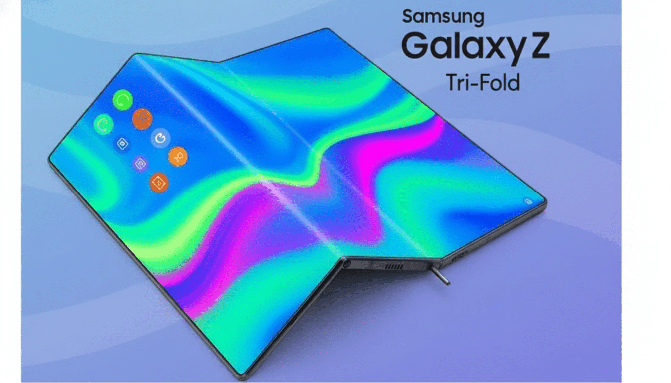 A Samsung Galaxy Z Tri-Fold phone with a vibrant, colorful display, shown partially folded on a professional background with soft blue and purple gradients.