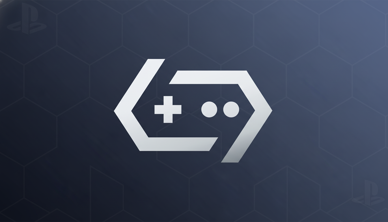 A 16:9 aspect ratio image featuring a white hexagonal logo with a gamepad icon inside, set against a professional flat design background with soft patterns and gradients.