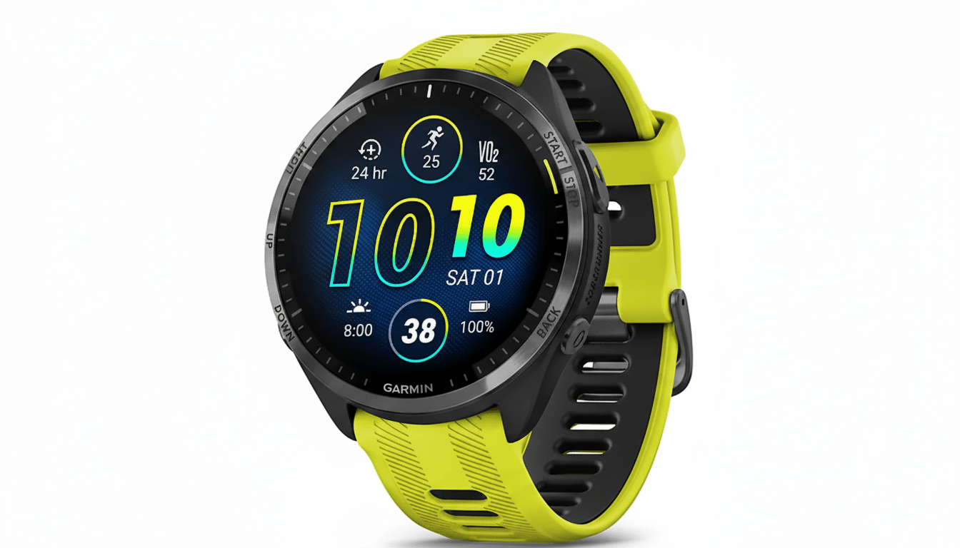 A Garmin Forerunner 965 smartwatch with a black case and a bright yellow band, displaying the time 10:10, date, and various fitness metrics on a white background.