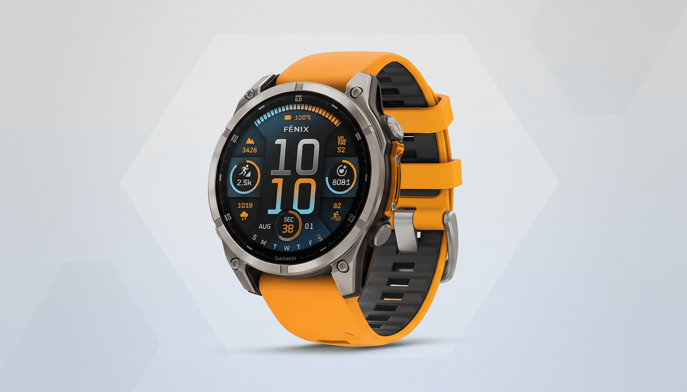 A Garmin Fenix smartwatch with an orange band and a digital display showing time and fitness metrics, presented on a professional flat design background with soft patterns.