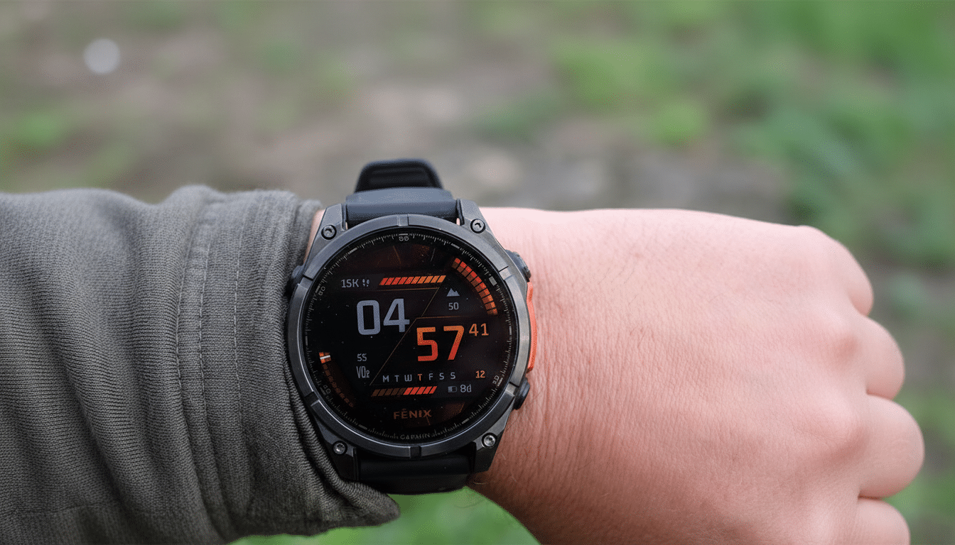 A close-up of a Garmin Fenix smartwatch on a persons wrist, displaying a digital watch face with time, date, and fitness metrics.