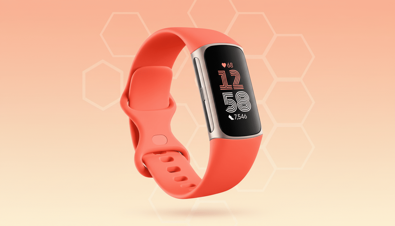A coral-colored fitness tracker with a black screen displaying time, heart rate, and steps, set against a soft peach gradient background with subtle hexagonal patterns.