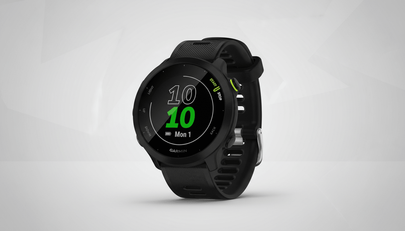 A black Garmin smartwatch with a digital display showing 10 10 Mon 1 on a professional flat design background with soft gradients.
