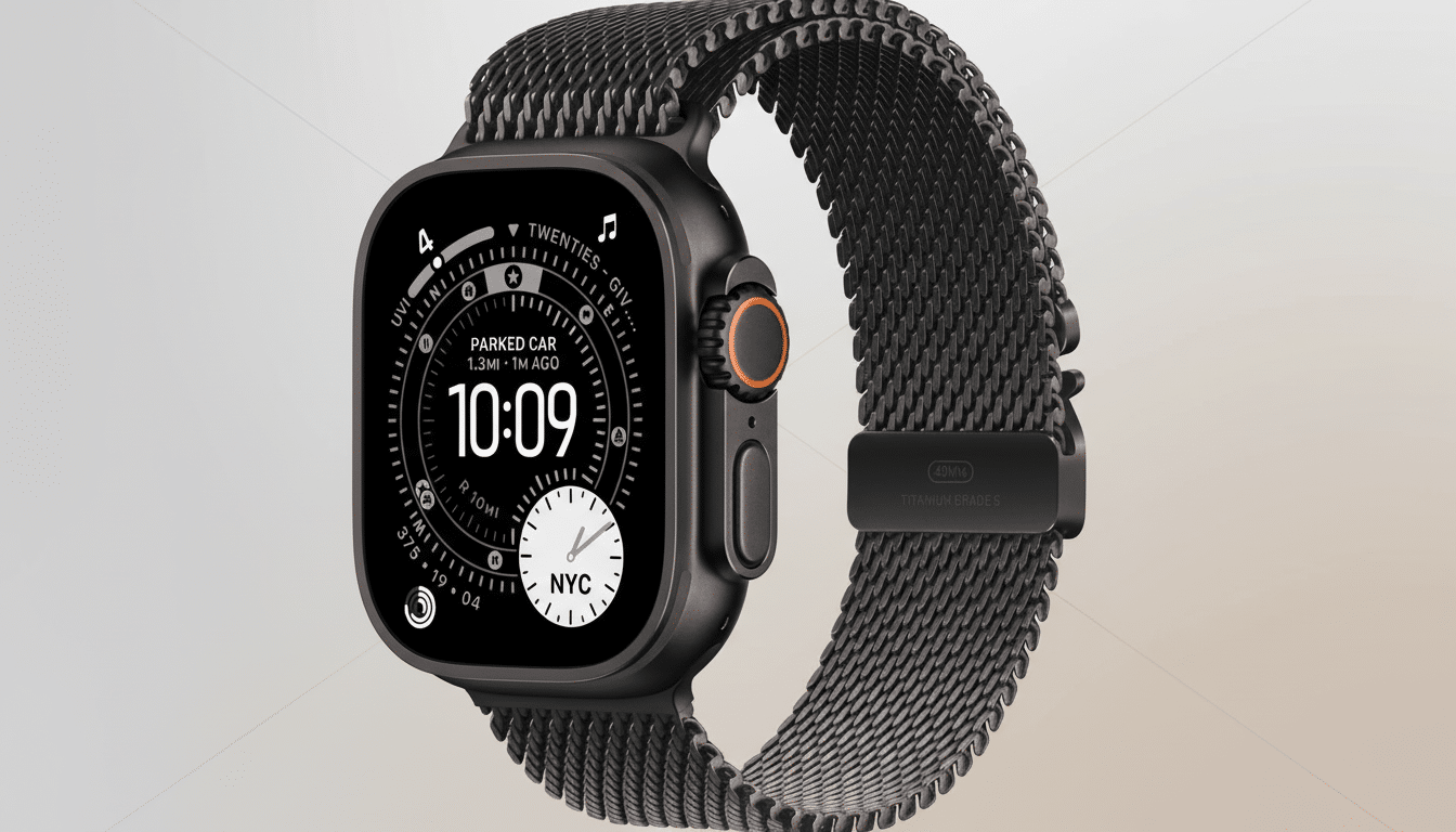 A black Apple Watch Ultra with a Milanese loop band, displayed on a professional flat design background with a soft gradient.