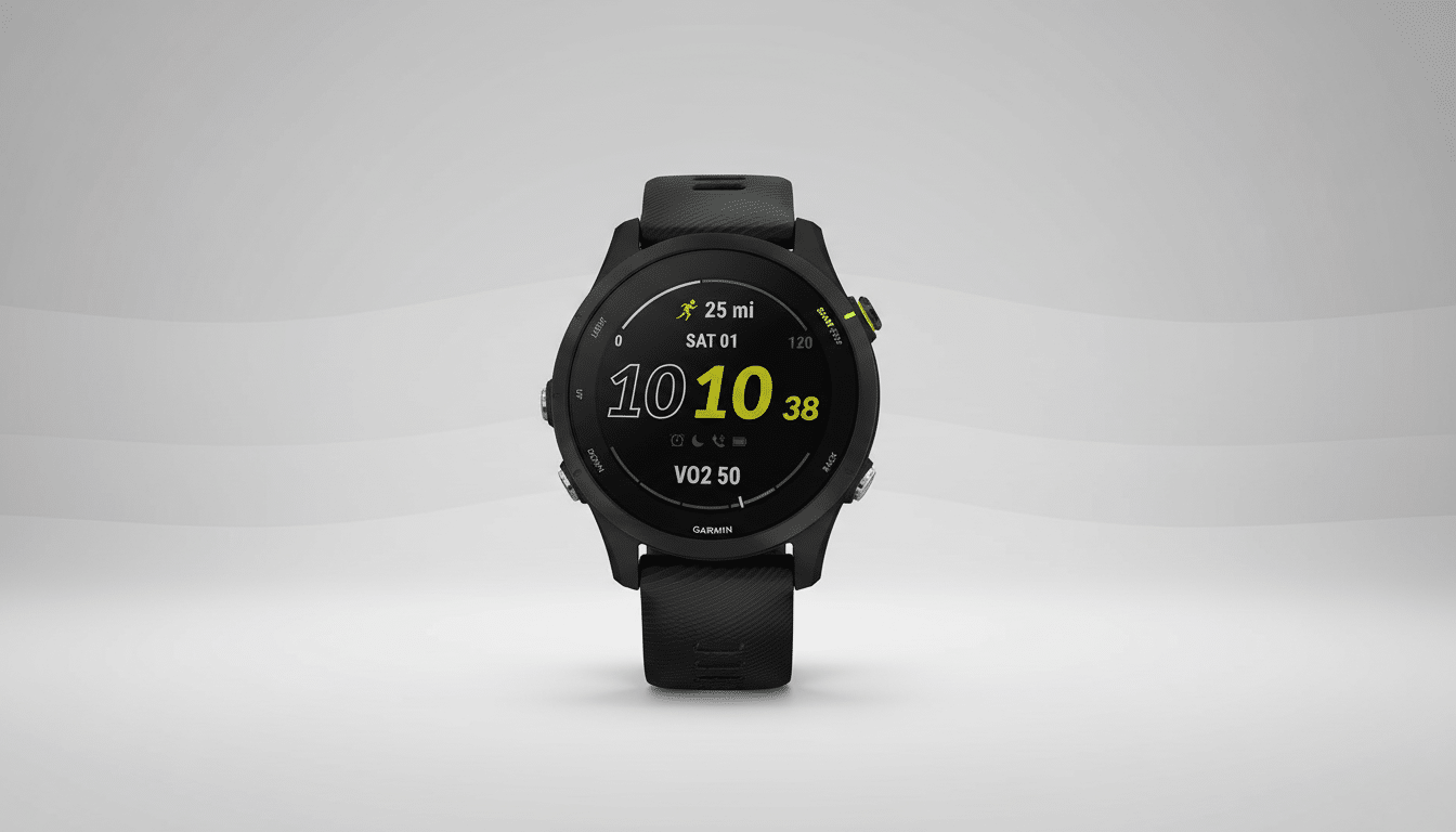 A black Garmin smartwatch with a digital display showing 10 10 38 and fitness metrics, presented on a professional flat gray background with a subtle gradient.