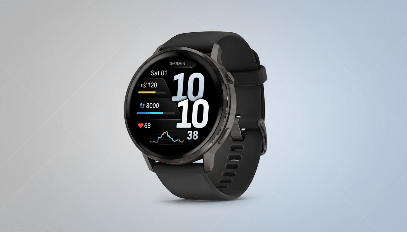 A Garmin smartwatch with a black strap and dark gray casing, displaying a digital watch face with fitness metrics and the time 10:10. The background is a professional flat design with a soft gray gradient.
