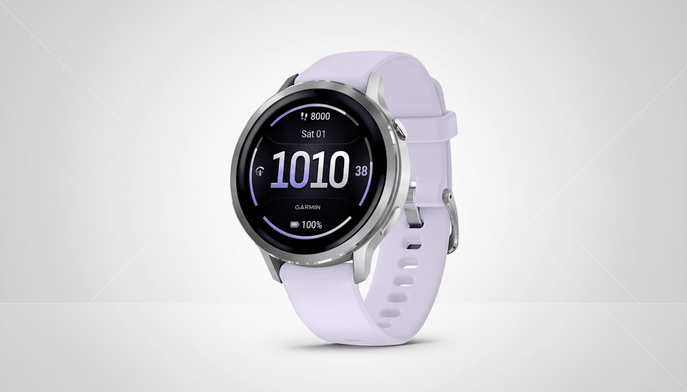 A Garmin smartwatch with a lavender band and a silver bezel, displaying the time 10:10, date Sat 01, 8000 steps, and 100% battery, set against a professional light gray background with subtle linear patterns.