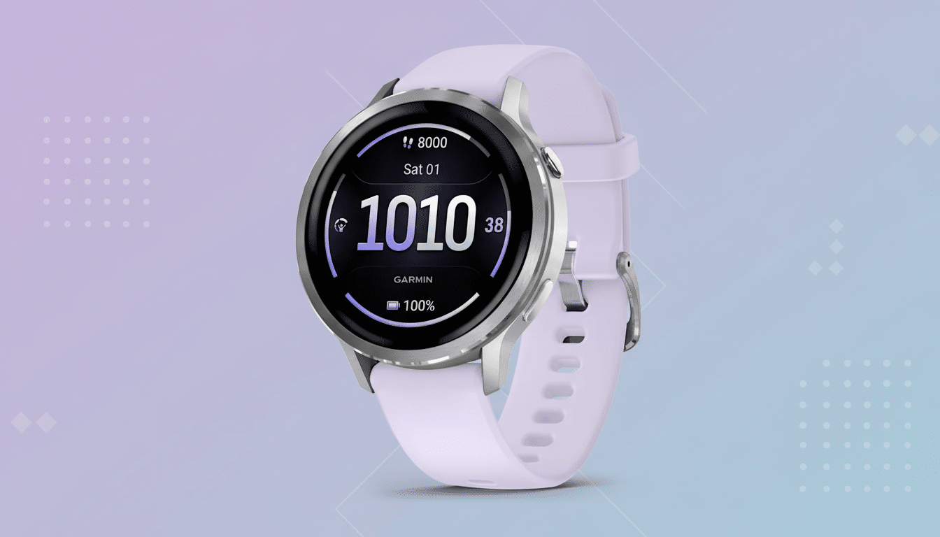 A Garmin smartwatch with a light purple band and a silver bezel, displaying 1010 prominently on its screen, set against a professional flat design background with soft purple and blue gradients and subtle geometric patterns.