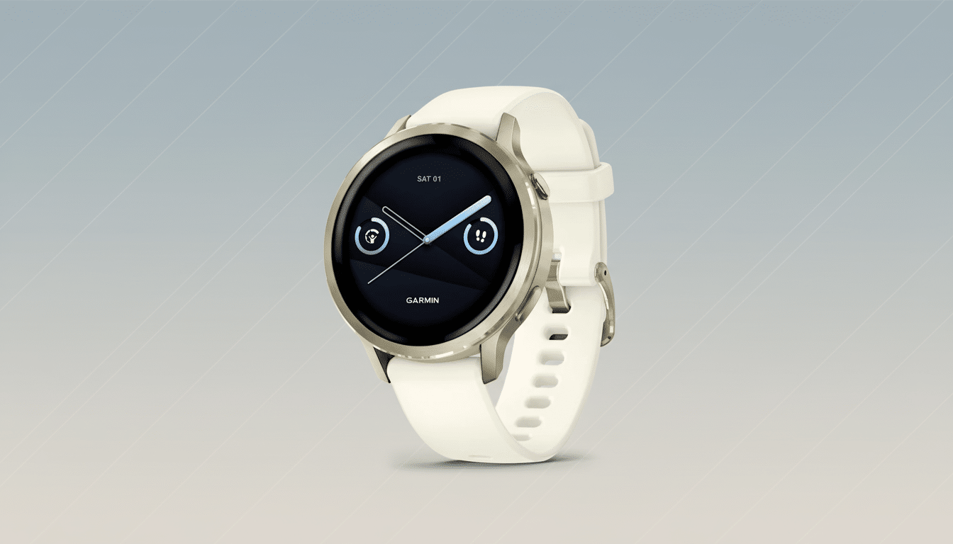 A Garmin smartwatch with a white band and a gold-colored bezel, displayed on a professional flat design background with a soft gradient.