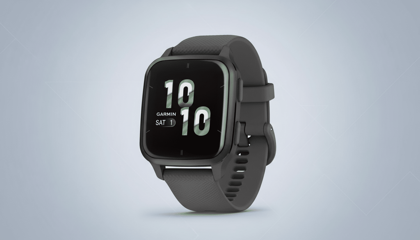 A dark gray Garmin smartwatch with a black screen displaying 10 10 in green and GARMIN SAT 1 in white, set against a light gray background with subtle diagonal patterns.