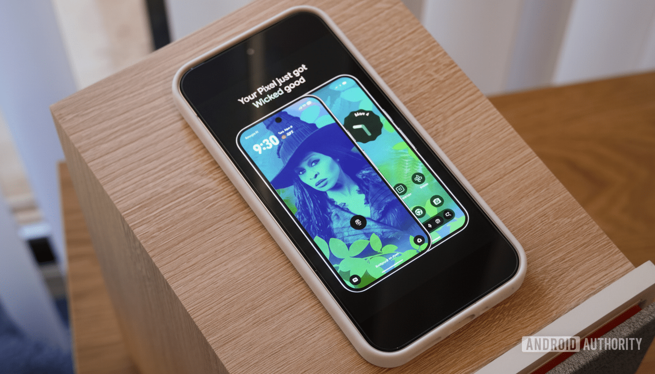 A white smartphone displaying a lock screen with a womans portrait and a home screen with app icons, resting on a wooden block.