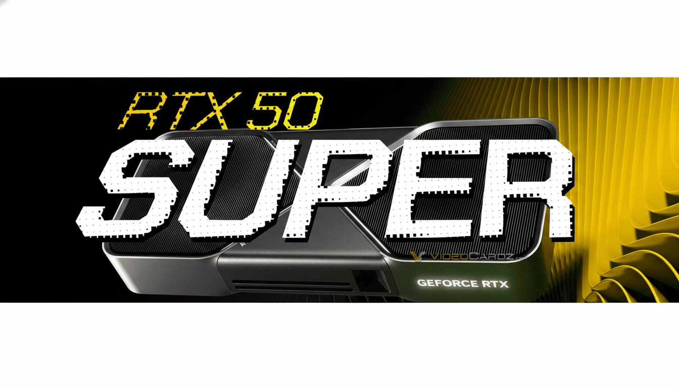 A 16:9 aspect ratio image of an RTX 50 Super graphics card with a black and yellow background.