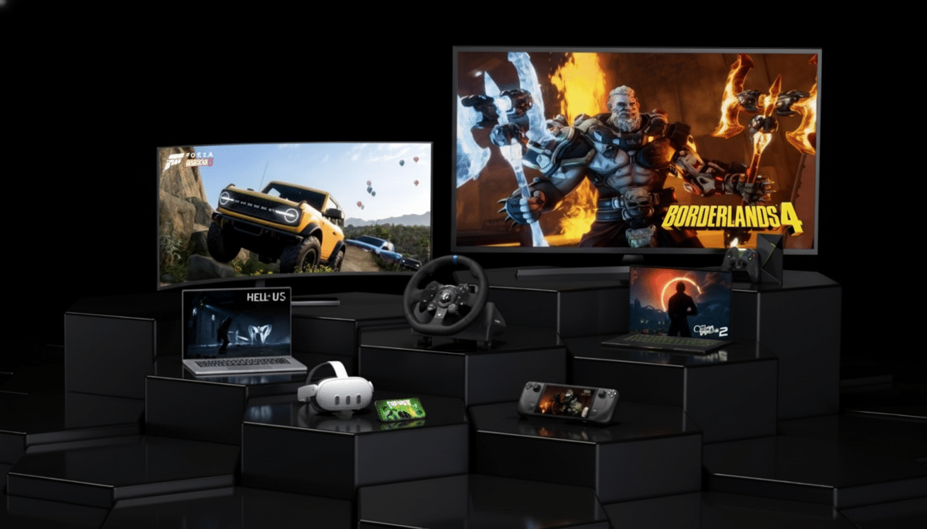 A collection of gaming devices and screens, including two large monitors displaying video games, a laptop, a VR headset, a gaming handheld, and a racing wheel, all arranged on black tiered platforms against a dark background.