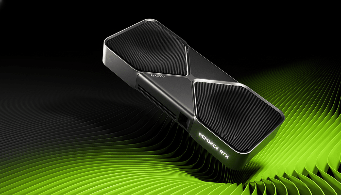 A sleek, dark gray NVIDIA GeForce RTX 3090 graphics card is angled on a black background with vibrant green, wavy lines emanating from the bottom right.
