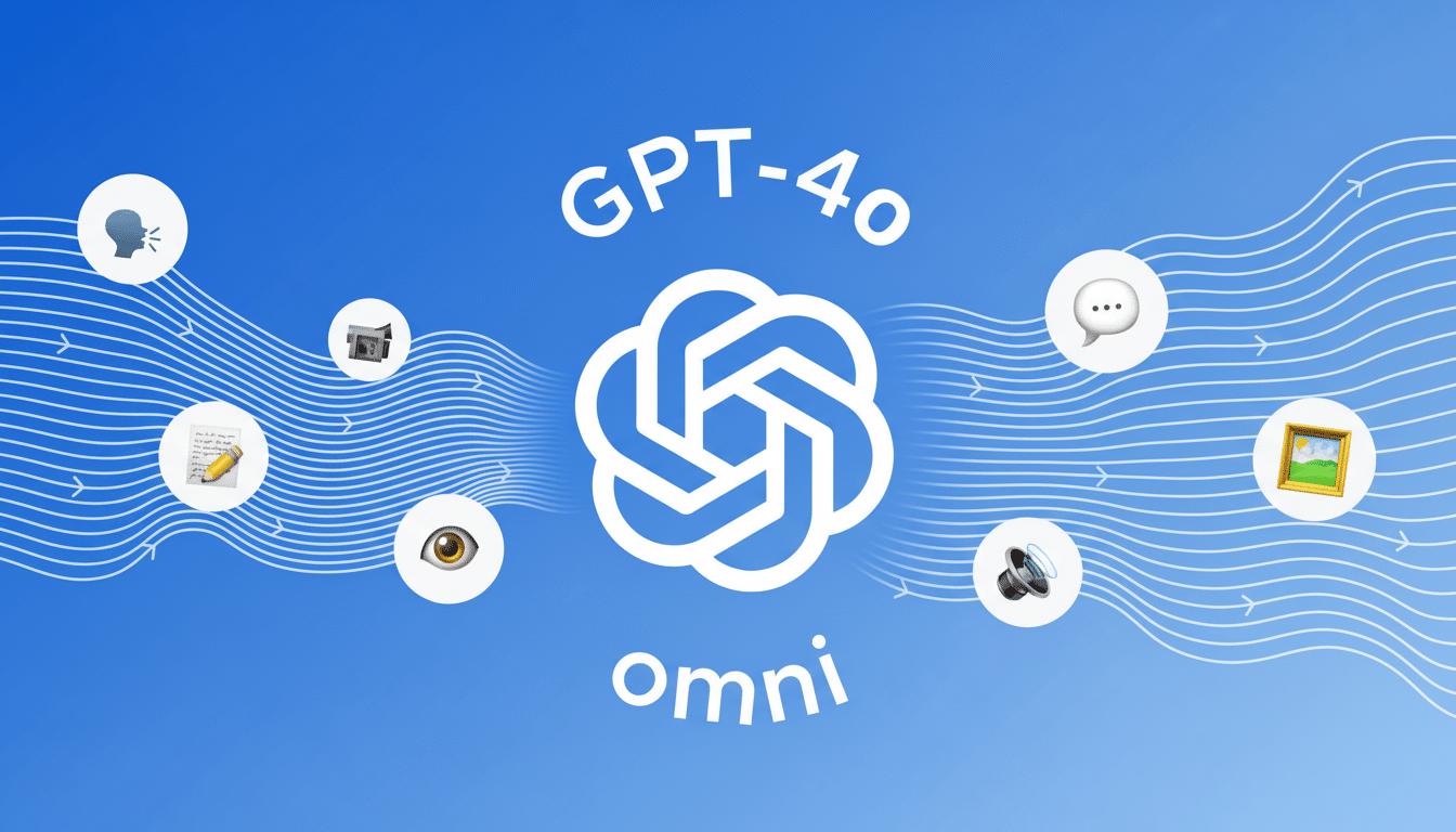 A blue background with the white OpenAI logo in the center, surrounded by various icons representing different functionalities like speech, writing, vision, and image generation, all connected by white wavy lines with arrows. The text GPT-4o is above the logo and omni is below it.