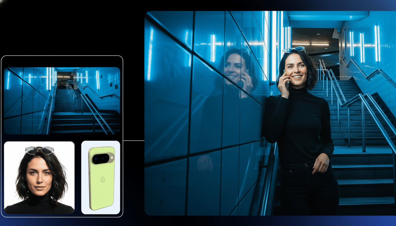 Google logo with banana and chip visual referencing the origin of the Nano Banana name