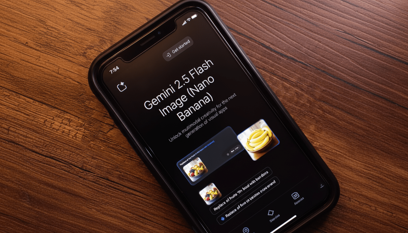 A smartphone displaying the Gemini 2.5 Flash Image (Nano Banana) interface, with text and images related to multimodal creativity.