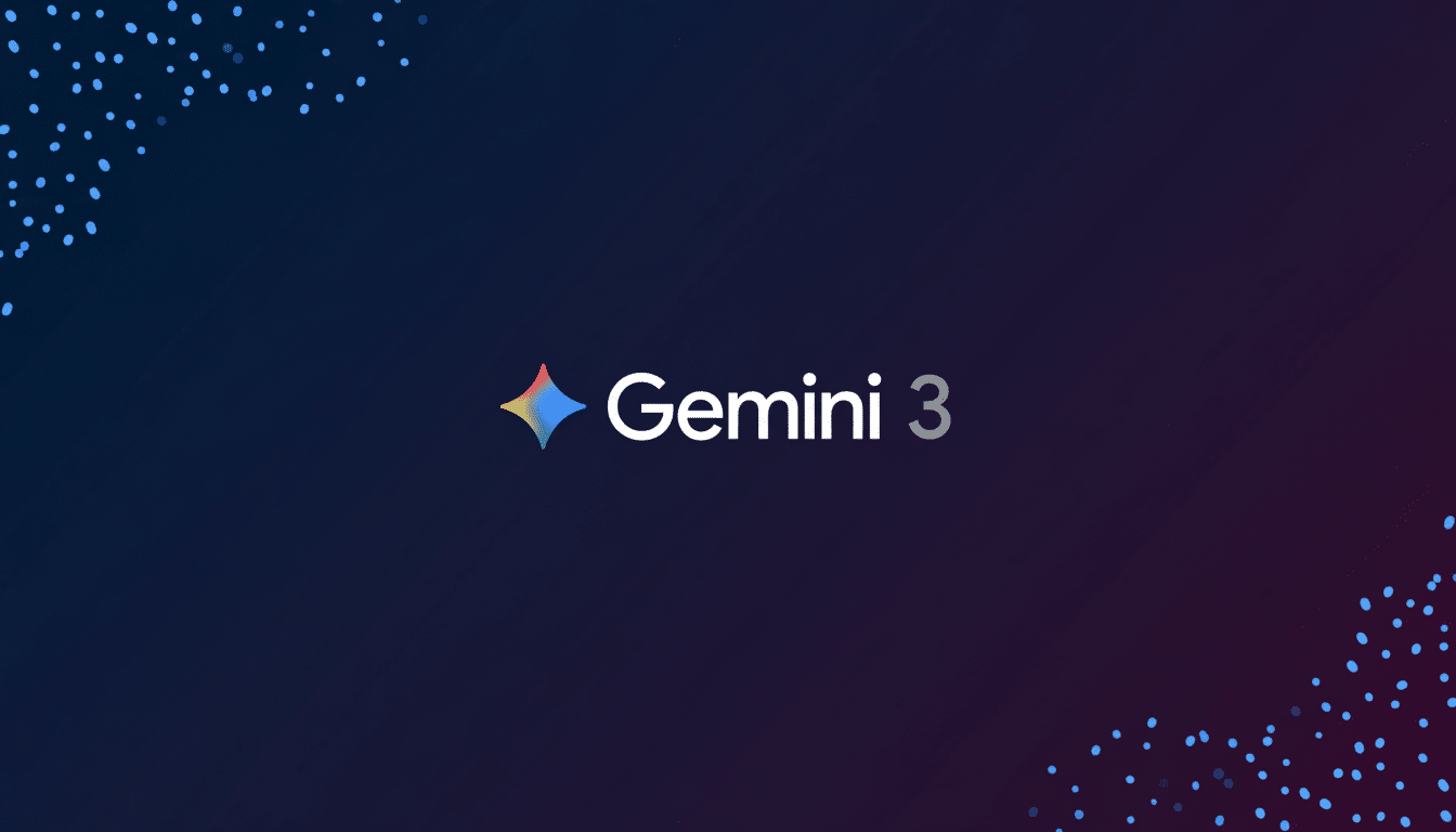 The Gemini 3 logo, featuring a colorful star icon and the text Gemini 3, centered on a dark background with a subtle blue and purple gradient and scattered blue dots in the corners.