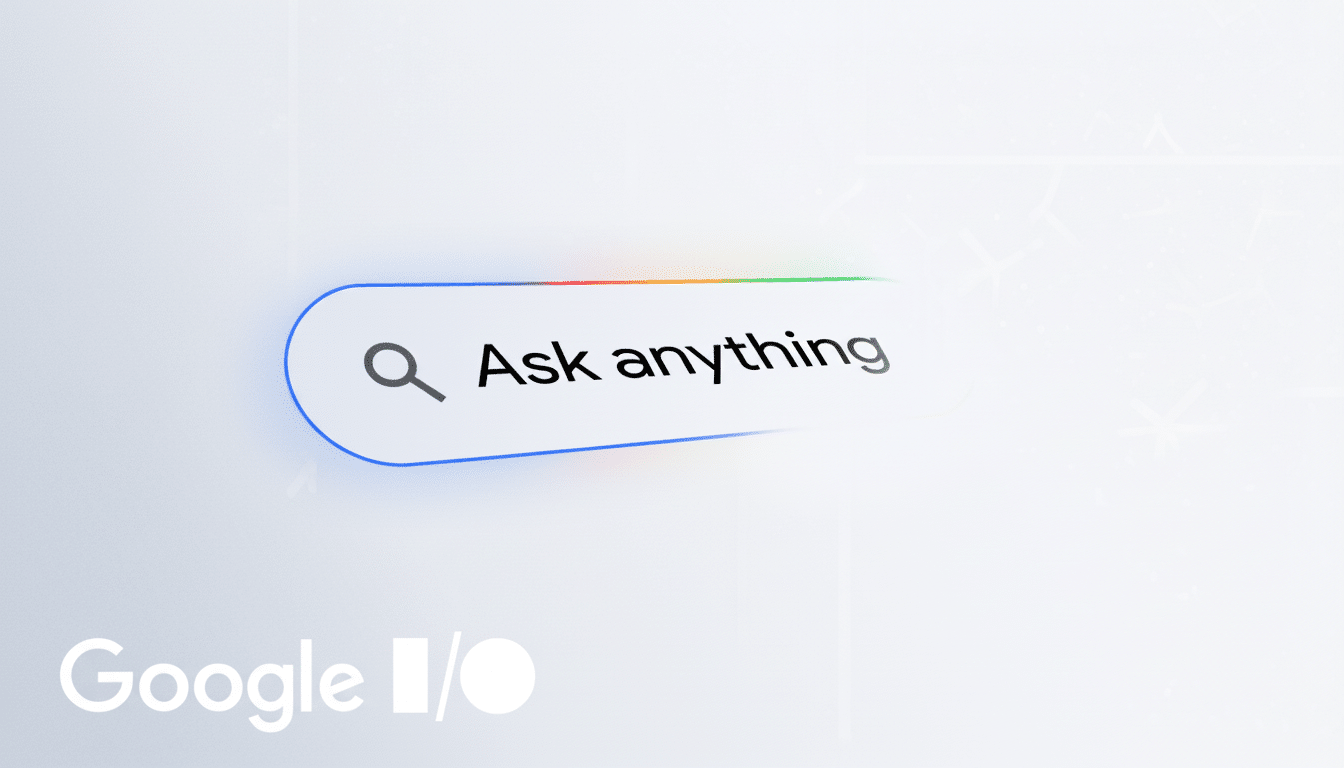 A search bar with the text Ask anything and the Google I/O logo in the bottom left corner, set against a clean, professional background.