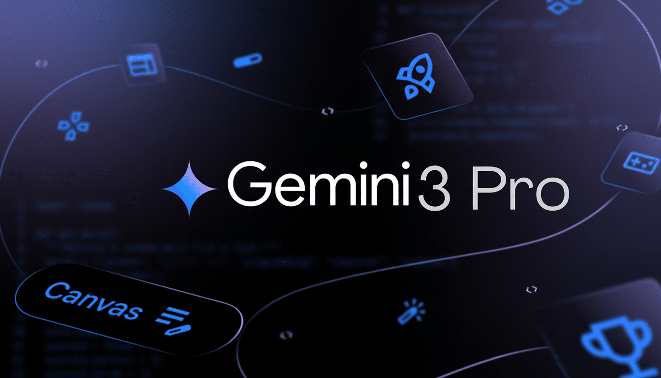 The Gemini 3 Pro logo with a blue star icon, surrounded by various blue-outlined icons on a dark, slightly blurred background with subtle code-like patterns.
