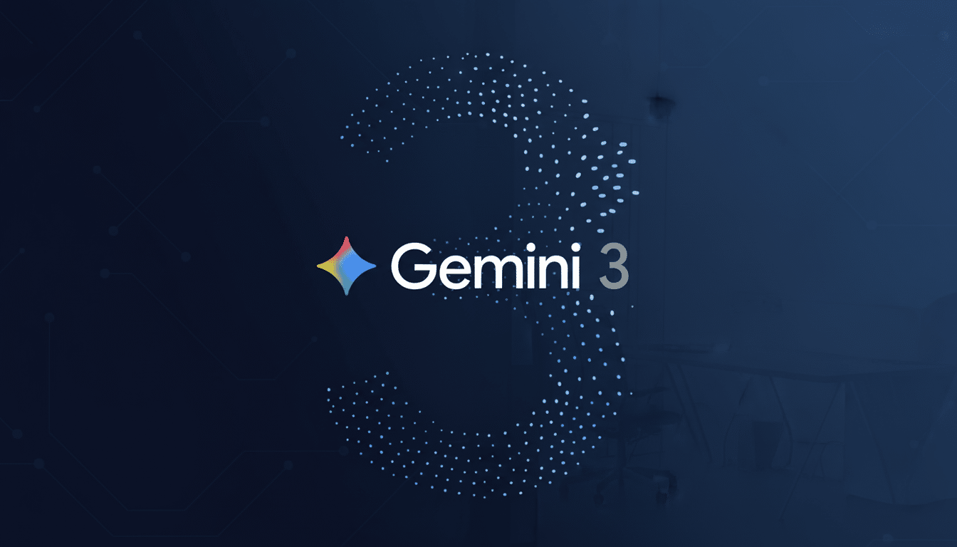The Gemini 3 logo, featuring a colorful star icon and the text Gemini 3, is centered against a professional dark blue background with subtle geometric patterns.