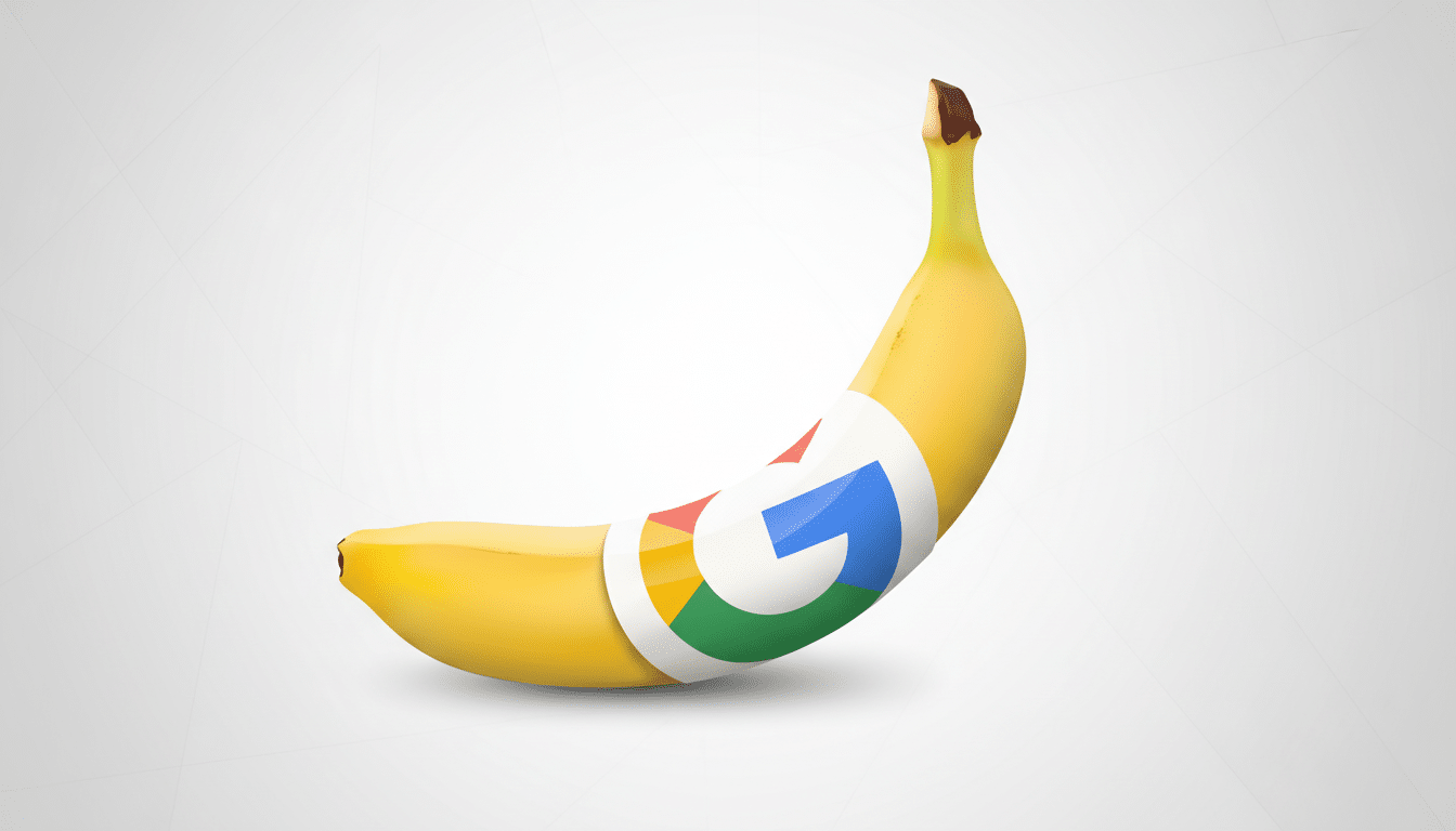 A yellow banana with a white label featuring the Google G logo in red, yellow, green, and blue, set against a professional light gray background with subtle geometric patterns.