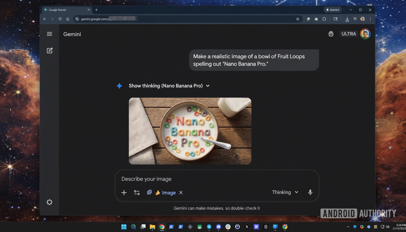 A screenshot of the Google Gemini interface displaying an image of a bowl of Fruit Loops spelling out Nano Banana Pro.
