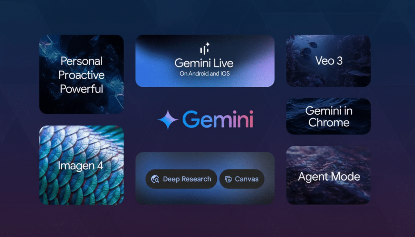 Google Gemini Agent interface and logo, showcasing AI that thinks and acts