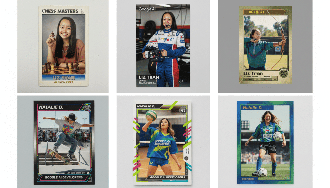 A collage of six trading cards featuring women in various sports and activities.