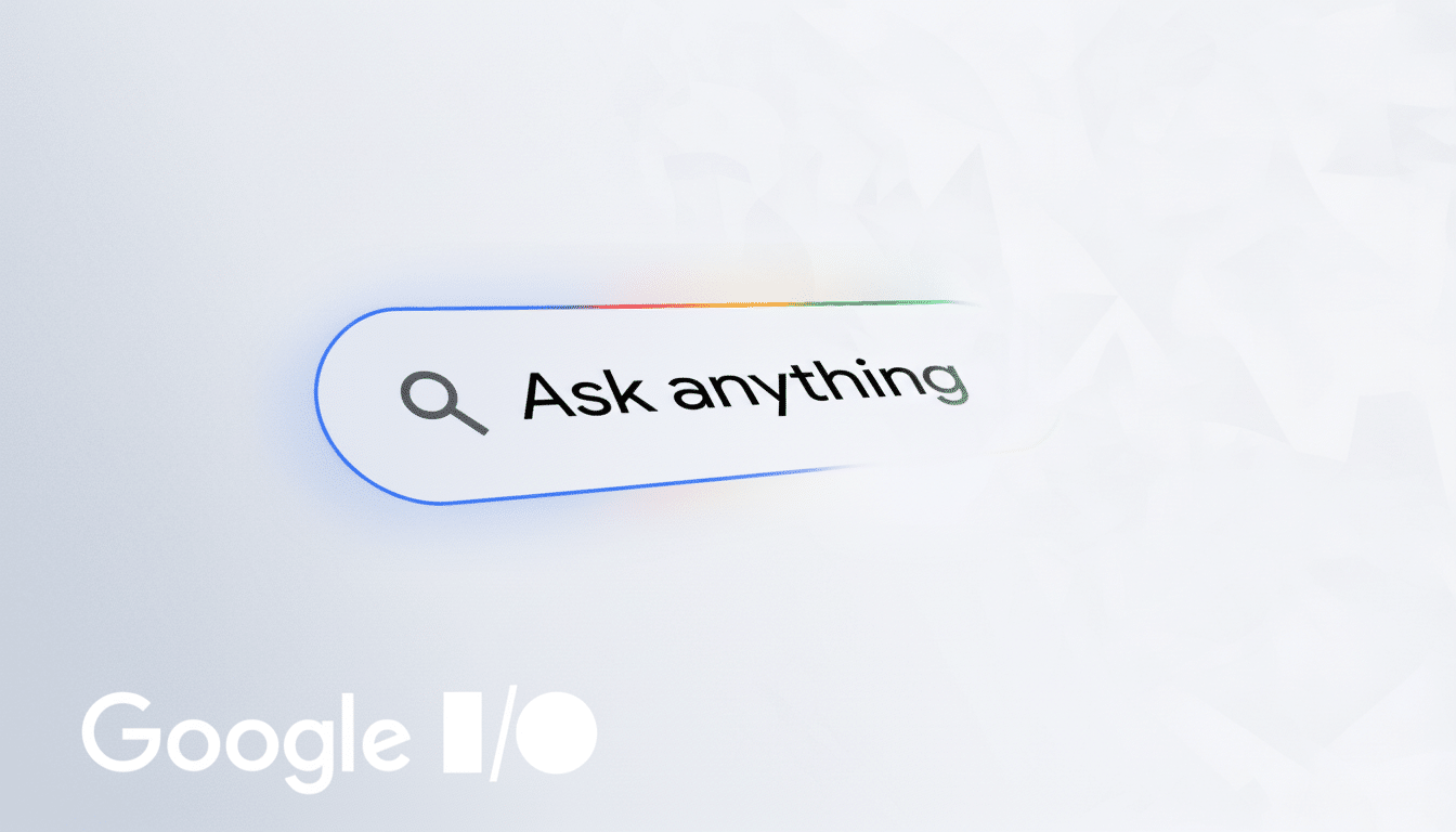 A search bar with the text Ask anything and a magnifying glass icon, set against a white background with subtle geometric patterns. The Google I/O logo is in the bottom left corner.