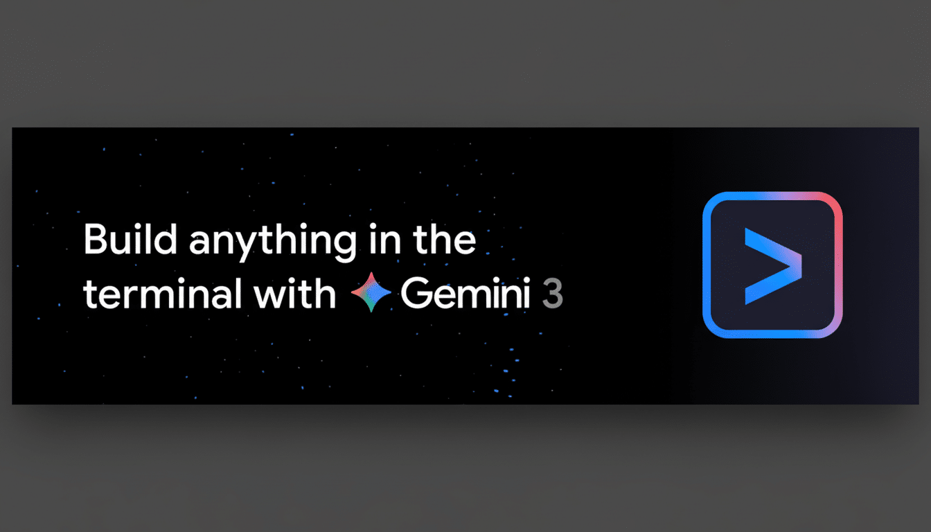 A 16:9 aspect ratio image with the text Build anything in the terminal with Gemini 3 and a colorful icon on a dark background, now presented with a professional flat gray background.