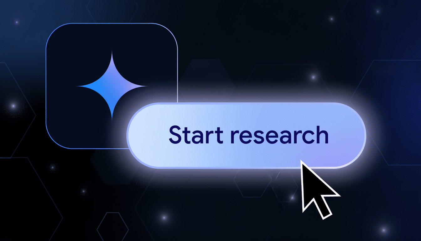 A digital interface showing a Start research button with a cursor pointing to it, and a glowing star icon in a rounded square. The background is a dark blue with subtle hexagonal patterns and small light specks.