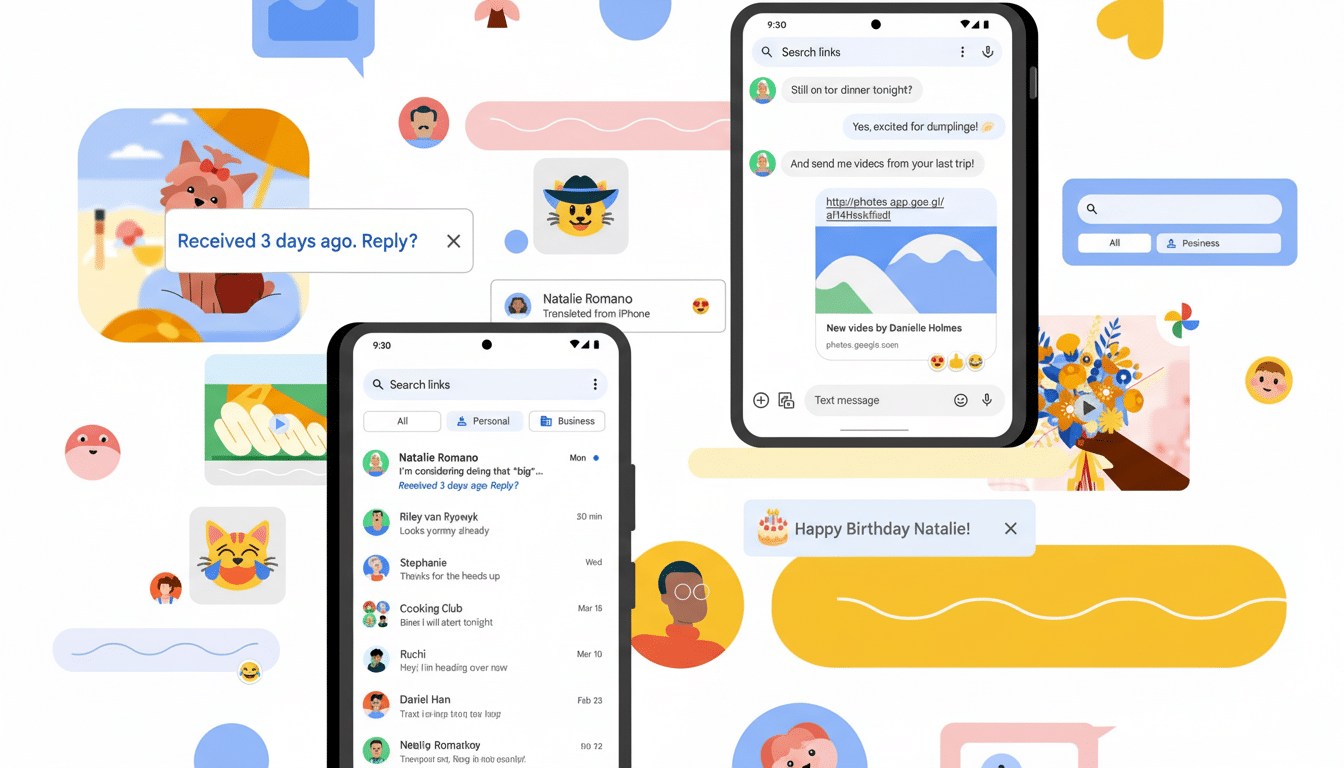 A professionally enhanced image of a mobile phone displaying a messaging app interface, resized to a 16:9 aspect ratio. The background remains unchanged, featuring various chat bubbles and cartoon elements.