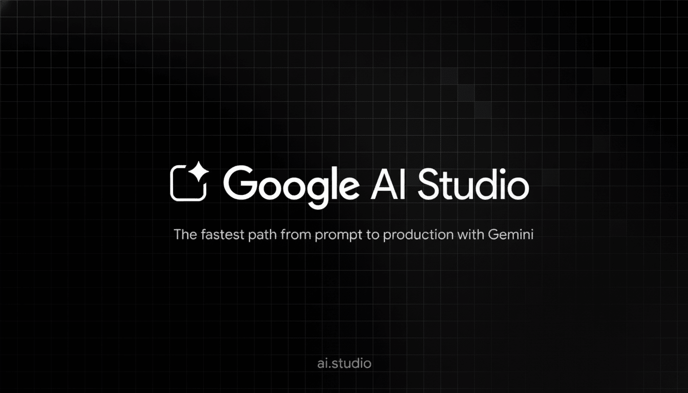 The Google AI Studio logo and text on a black grid background, resized to a 16:9 aspect ratio.