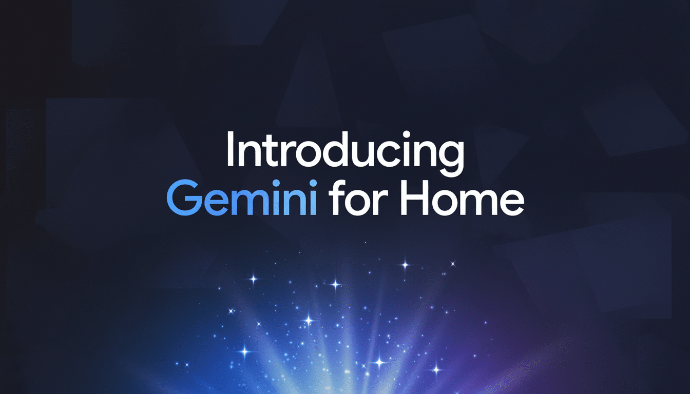 The text Introducing Gemini for Home is displayed in white and blue on a dark background with a burst of blue and purple light at the bottom.