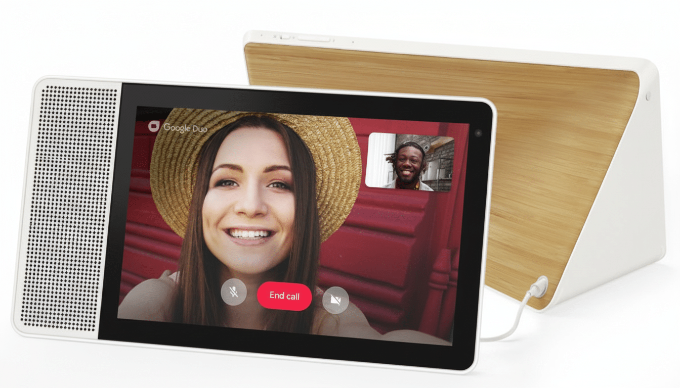 A white smart display with a wooden back, showing a Google Duo video call between a woman in a straw hat and a man.
