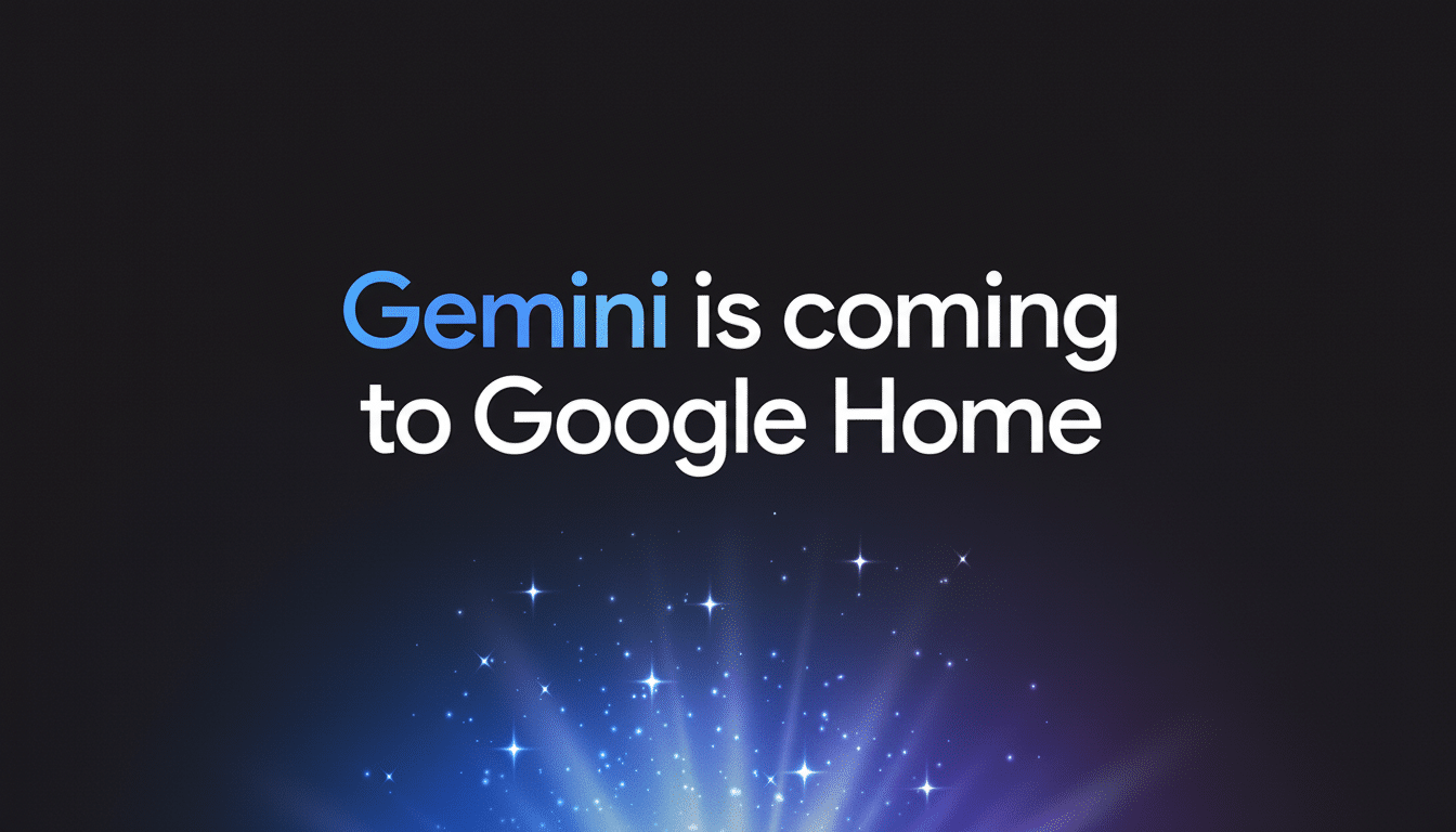 The text Gemini is coming to Google Home is displayed in white and blue against a dark background with a burst of blue and purple light at the bottom.